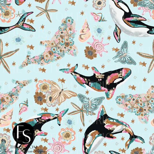 Floral Ocean Whales A - LYSSDOODLES