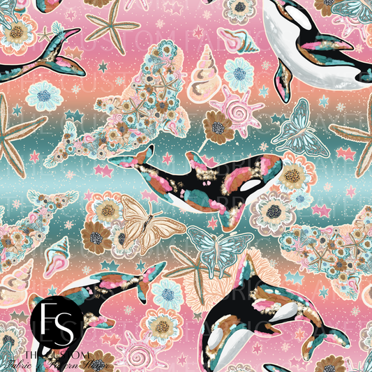 Floral Ocean Whales E - LYSSDOODLES