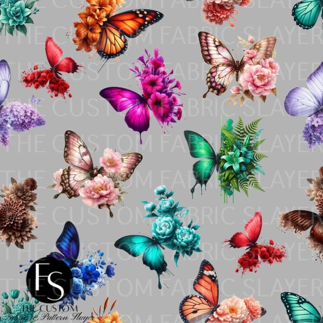 Grey Floral Butterflies - FABRICSLAYER