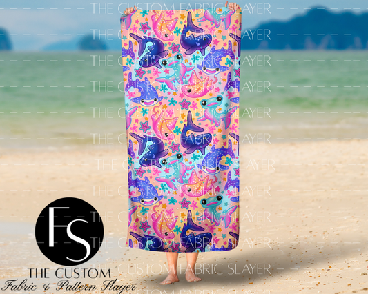 Cute Ombre Sharks - LYSSDOODLES - FINISHED BEACH TOWEL